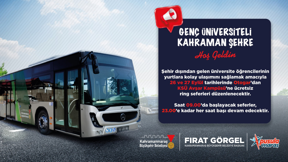 Büyükşehir’den Şehre Yeni Gelen Üniversiteliler İçin Otogardan Ücretsiz Ring Desteği Büyükşehir Belediyesi, yeni eğitim döneminde şehir dışından Kahramanmaraş’a gelecek üniversite