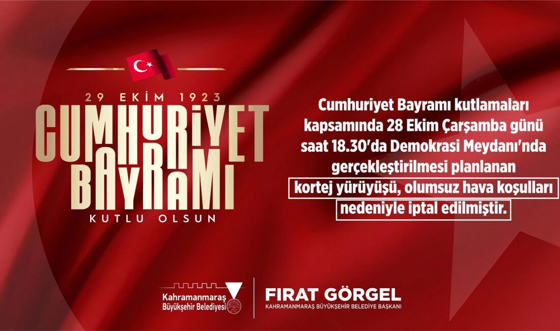 “Cumhuriyet Yürüyüşü” Olumsuz Hava Koşulları Nedeniyle İptal Edildi Büyükşehir Belediyesi, Cumhuriyet Bayramı kutlamaları kapsamında 28 Ekim Çarşamba günü