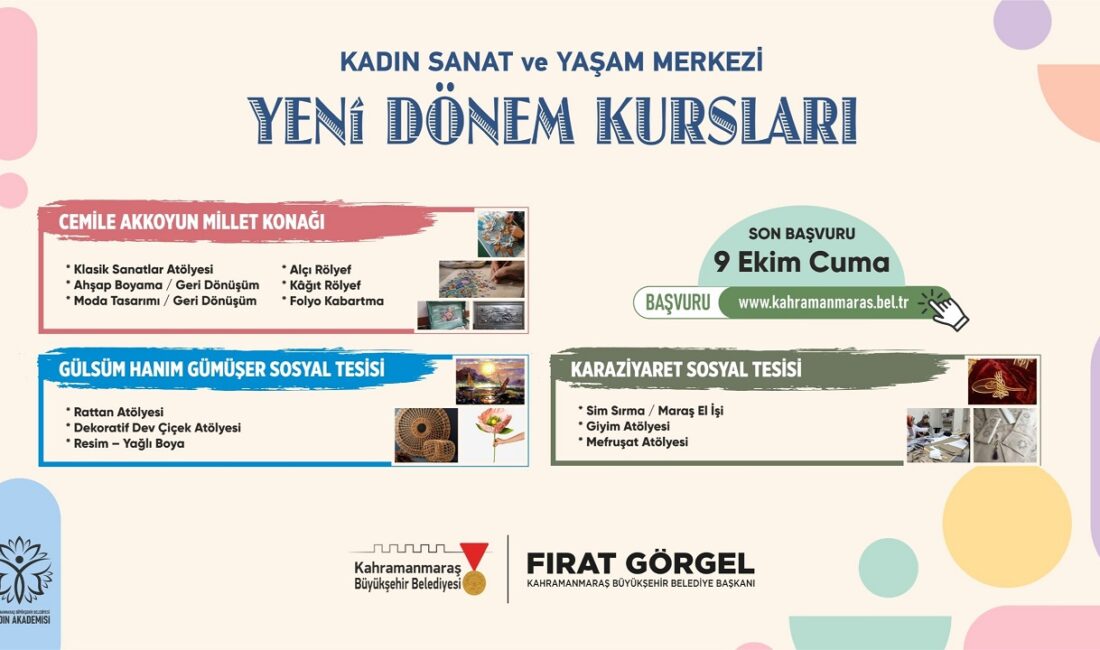 Büyükşehir’in Kadın Sanat ve Yaşam Merkezi Atölyelerinde Yeni Dönem Başvurular Başladı Büyükşehir Belediyesi, kadınların kişisel, sosyal ve mesleki gelişimlerine katkı sunmak