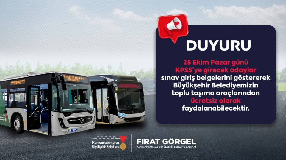 Büyükşehir’den KPSS Adaylarına Ücretsiz Ulaşım Büyükşehir Belediyesi, 25 Ekim Pazar günü gerçekleştirilecek önlisans KPSS’ye girecek